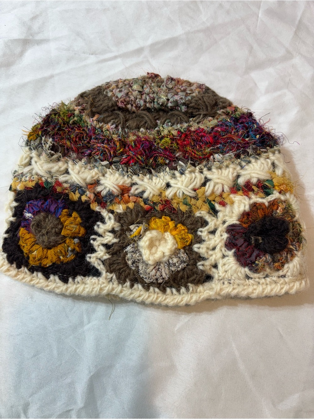 Boho Crochet Floral Beanie Hat 100% Wool - Made in Nepal